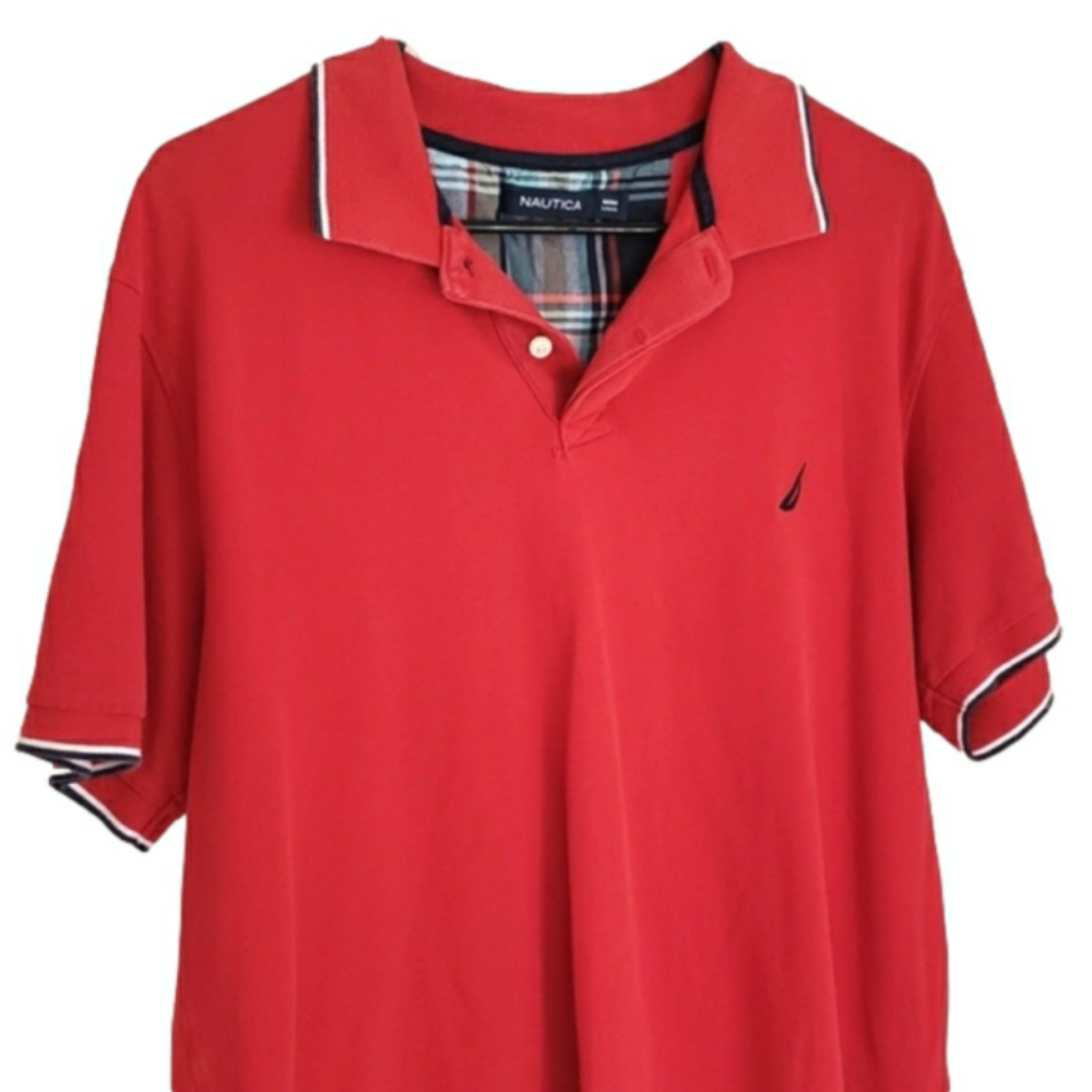 Red 90s NAUTICA button up Preppy collared golf boat yacht shirt w navy trim